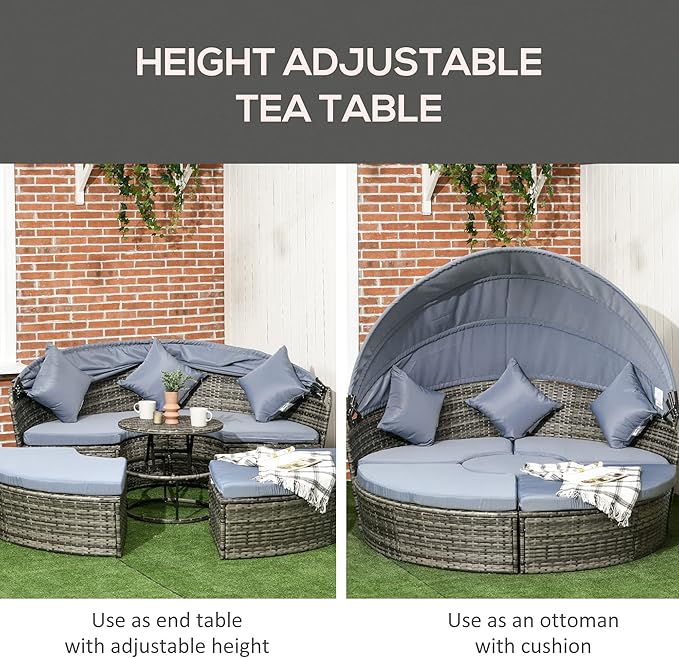 Outsunny 4 Piece Round Rattan Daybed, Convertible Patio Furniture Set, Adjustable Sun Canopy, Sectional Outdoor Sofa, 2 Chairs, Extending Tea Table Ottoman Chair, 3 Pillows, Light Gray