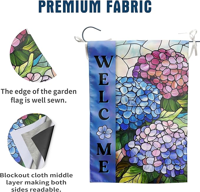 Hydrangea Spring Summer House Flag 28 x 40 Double Sided for Outside Stained Glass Flower Garden Decor Blue Floral Welcome Outdoor Yard Banner