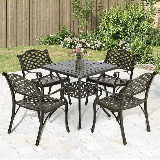 MEETWARM 5-Piece Outdoor Furniture Dining Set, All Weather Cast Aluminum Conversation Set Includes 4 Chairs and a 31.5” Square Table with 2.2" Umbrella Hole for Patio Garden Deck, Lattice Weave Design