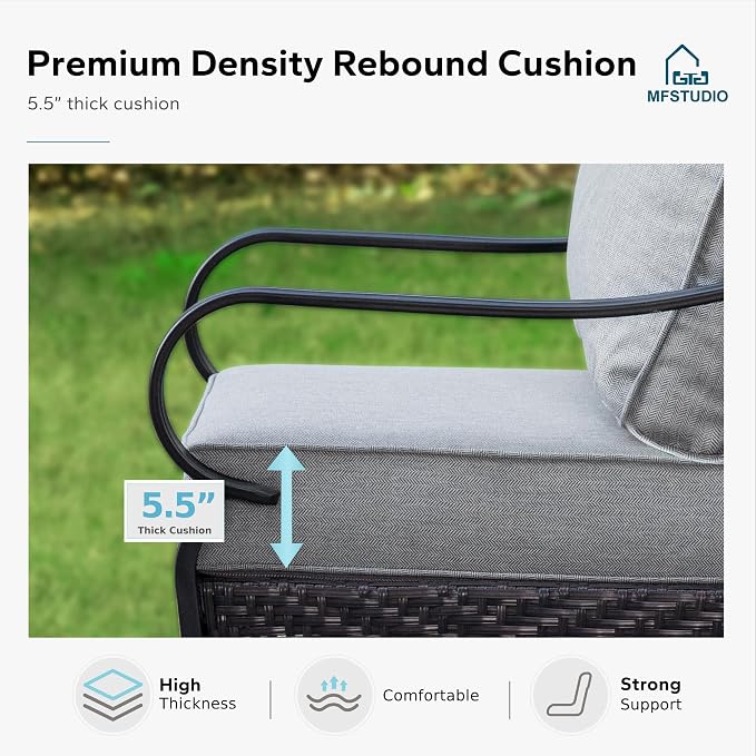 MFSTUDIO 4 Pieces Outdoor Patio Furniture Set, Metal Outdoor Conversation Set, Rattan Wicker Patio Sectional Set with 2 x Fixed Single Sofa, 3-Seat Sofa, 1 x Fire Pit Table, Grey