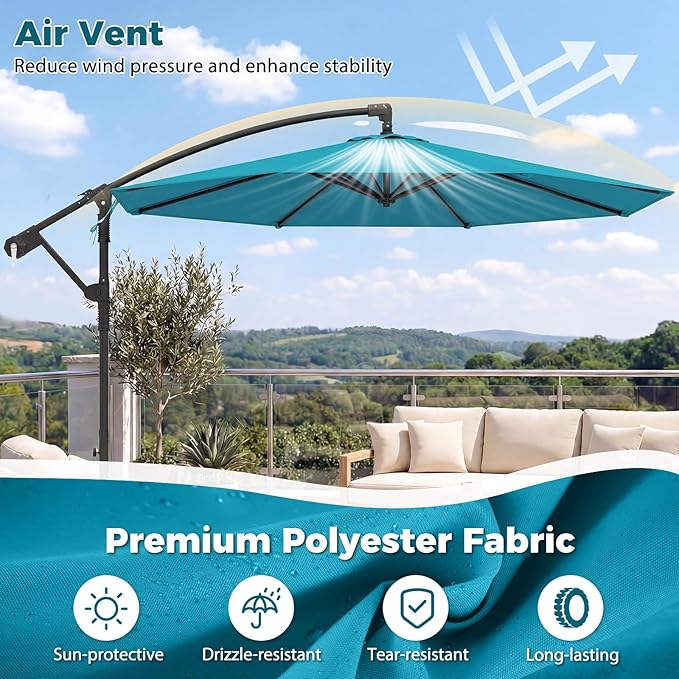 Tangkula 10ft Patio Umbrella with Base Included, Offset Cantilever Outdoor Umbrella with 360 Degree Rotation, 2 Sandbags, Crank Handle for Pool Deck Garden Backyard