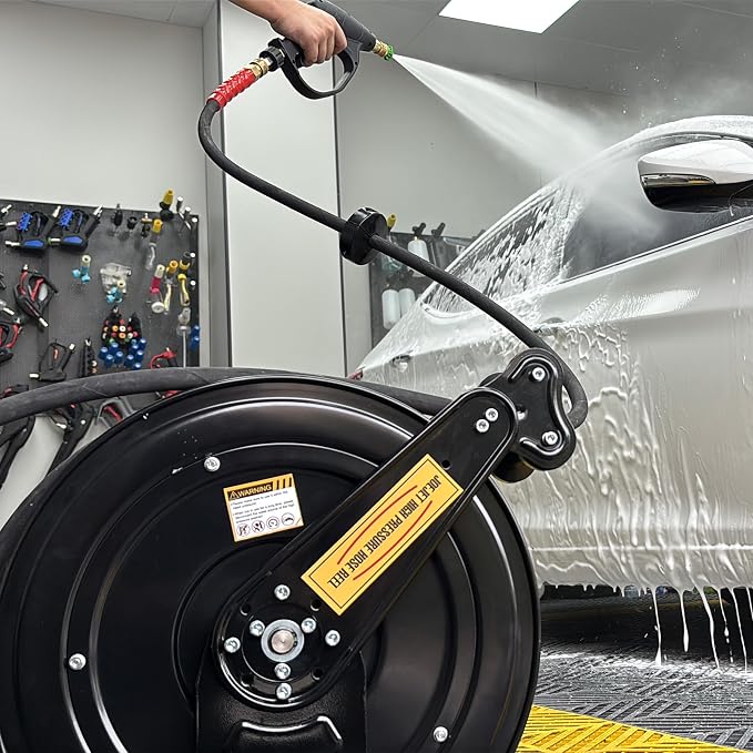 JOEJET Auto-Retractable Pressure Washer Hose Reel, 50FT x 3/8" Heavy Duty Steel Power Washer Hose Reel Dual Arm, 4000 PSI