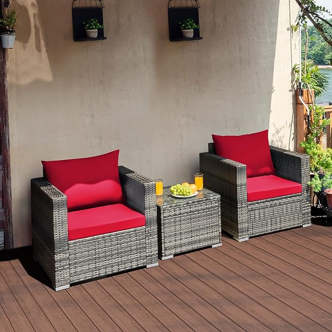 DORTALA 3 Pieces Patio Furniture Set, Outdoor Rattan Sofa Couch Set with Cushions, Tempered Glass Coffee Table, Wicker Patio Conversation Set for Lawn Backyard Poolside Balcony, Red