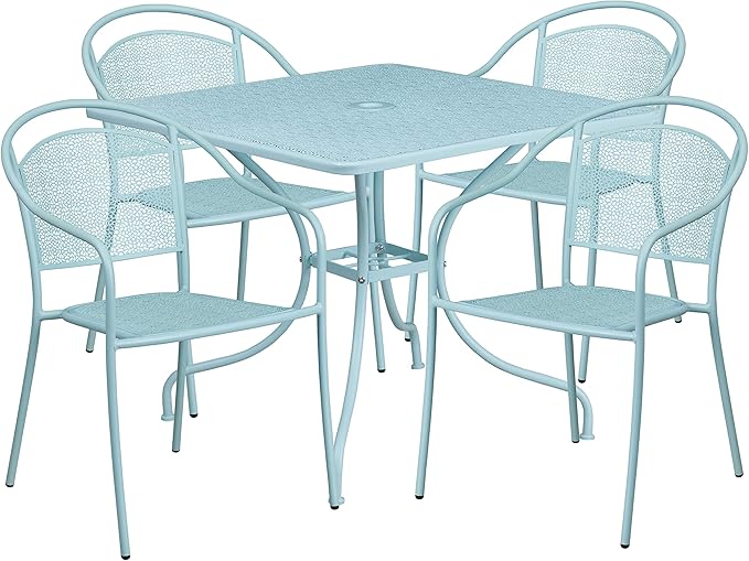 Flash Furniture Oia Commercial Grade 35.5" Square Sky Blue Indoor-Outdoor Steel Patio Table Set with 4 Round Back Chairs