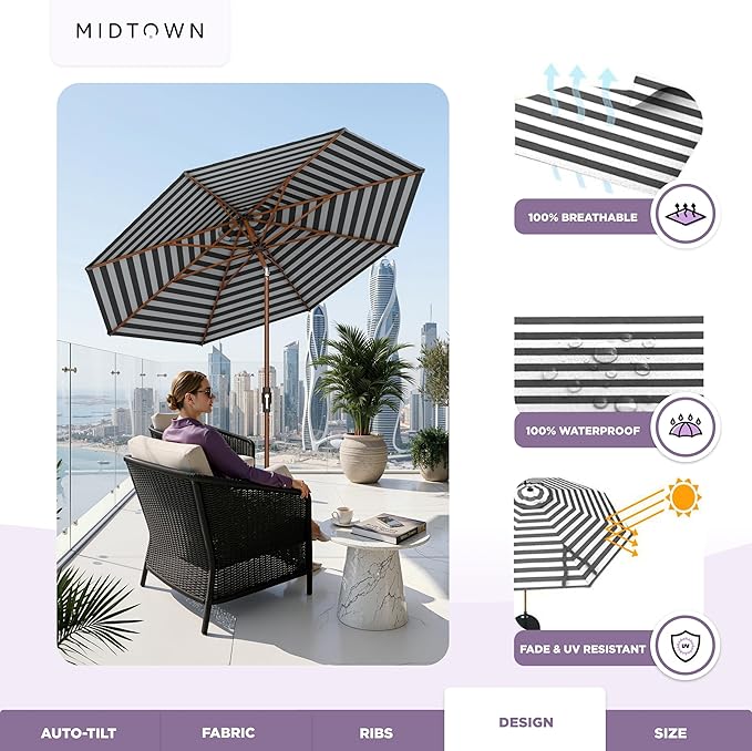 Midtown Umbrellas Wooden 2-8 Ft Patio Umbrella with 360° Swivel & Tilt Mechanism, 8 Fiberglass Ribs & Sunbrella Fabric - Outdoor Umbrella for Deck, Pool & Garden - Burgundy Canopy, Wooden Pole