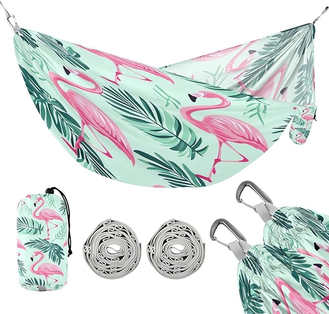 Qilmy Pink Flamingo Pattern Camping Hammock Single – 330 lbs Capacity, Lightweight with Tree Straps & Carabiners, Portable for Hiking, Travel, Backpacking