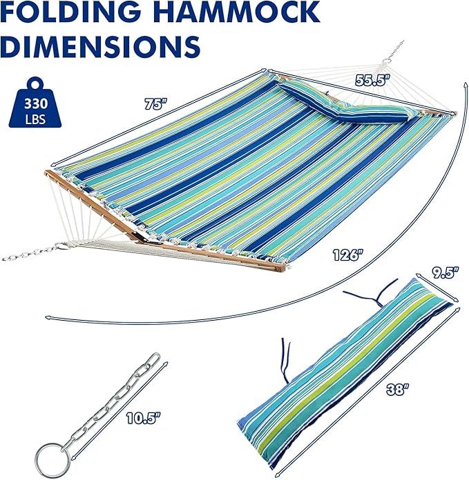 Goplus 10.5 FT Hammock, Quilted 2 Person Hammock w/Detachable Pillow, 330LBS Capacity, Curved Hardwood Spreader Bar,Quick Dry Fabric, Portable Paddled Hammock Swing for Patio Yard Porch Indoor Outdoor