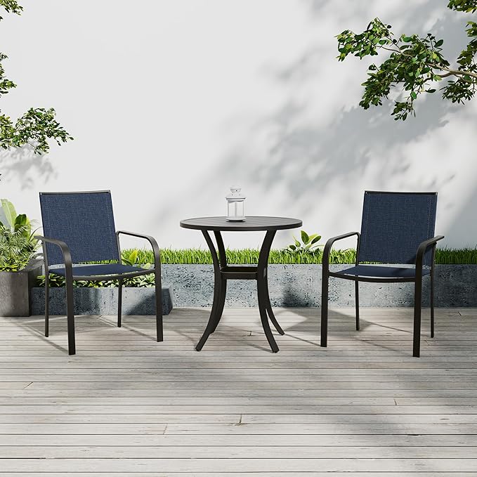 Anmutig Small Outdoor Patio Set with 27.5 Inch Round Dining Table and 2 Navy Blue Stackable Chairs