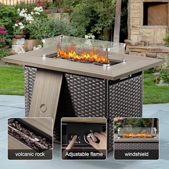 Luxury High Back Outdoor Furniture 6-Inch Thick Cushions with 50,000 BTU Gas Propane Fire Pit Tablet, Patio Furniture Set with Swivel Chairs, for Porch, Balcony, Deck and Yard