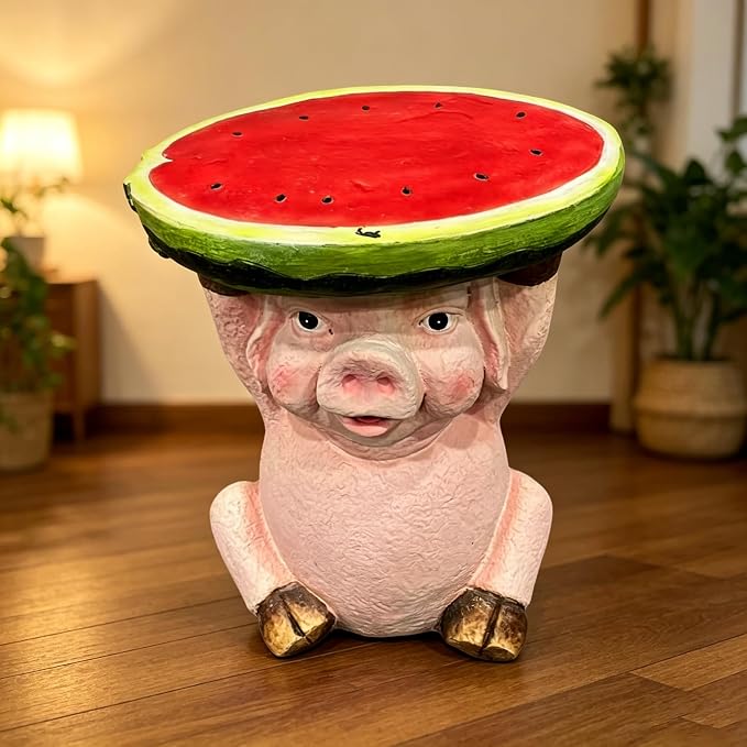 13.4 Inch Tall Pig Side Table Garden Decor Outdoor Resin Statue | Whimsical Watermelon Tray, Plant Stand, End Table Figurine, Weather Resistant