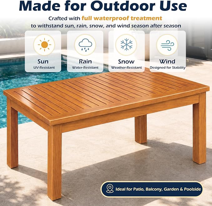 Outdoor Teak Coffee Table, 48" Wooden Patio Coffee Table with Protective Cover, Solid Teak Outdoor Coffee Table for Patio, Garden, Poolside, Balcony and Backyard