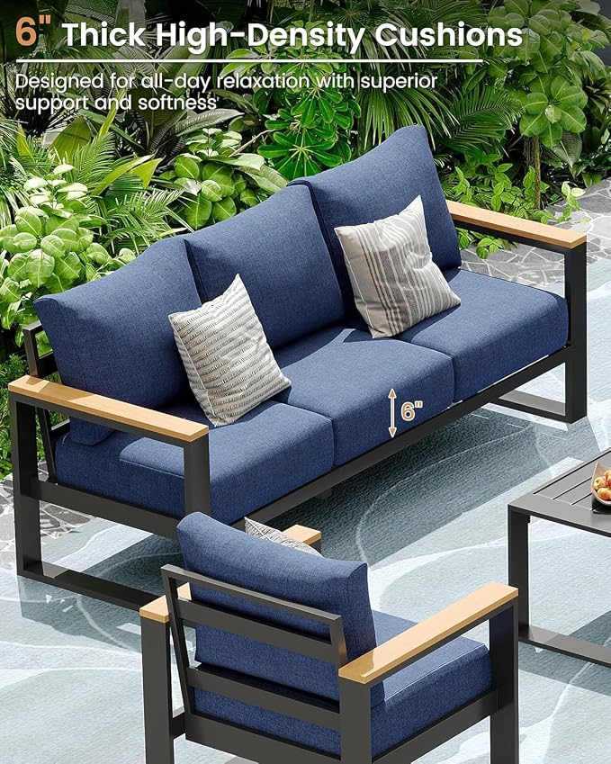 Aluminum Patio Furniture Set, 4 Piece Metal Outdoor Furniture Set with 6″ Thick Washable Cushions & Coffee Table, All Weather Patio Conversation Sets for Yard, Poolside, Garden (Navy Blue)