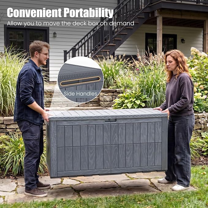 HAPPYGRILL 120 Gal Outdoor Deck Box, Lockable Storage Bin with Lid and Handles, Waterproof and Sun-Protective Patio Bench and Storage Box for Garden Tools Pool Supplies (Gray, 120Gallon)