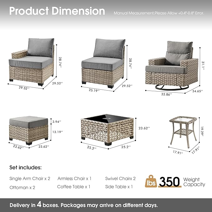 Rattan Patio Furniture Set with Swivel Chairs,9 Pieces Outdoor Sectional with Ottoman Glowing Coffee Table,Out Door Furniture Conversation Set,Dark Grey