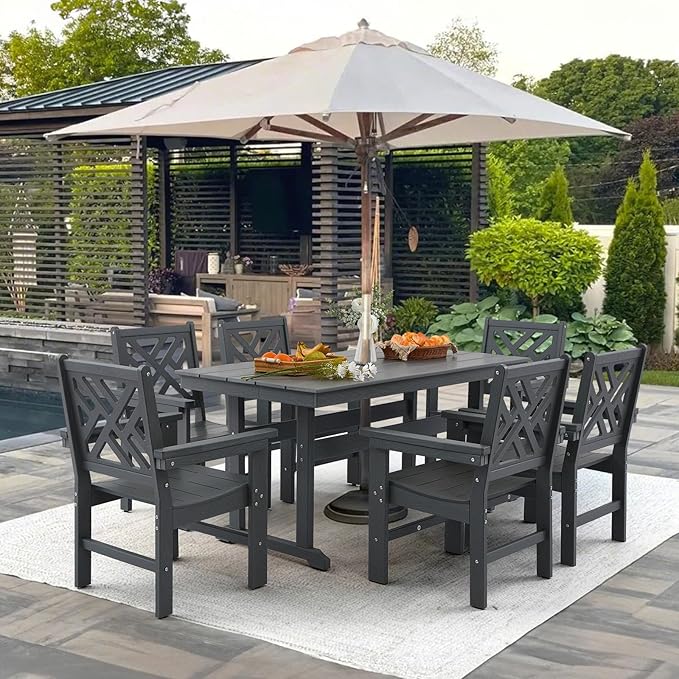 7 Piece HDPE Outdoor Dining Set for 6 Patio Dining Furniture Set with Umberlla Hole, Weather Resistent Outdoor Table and Chairs for Garden, Poolside, Backyard, Deck, Grey