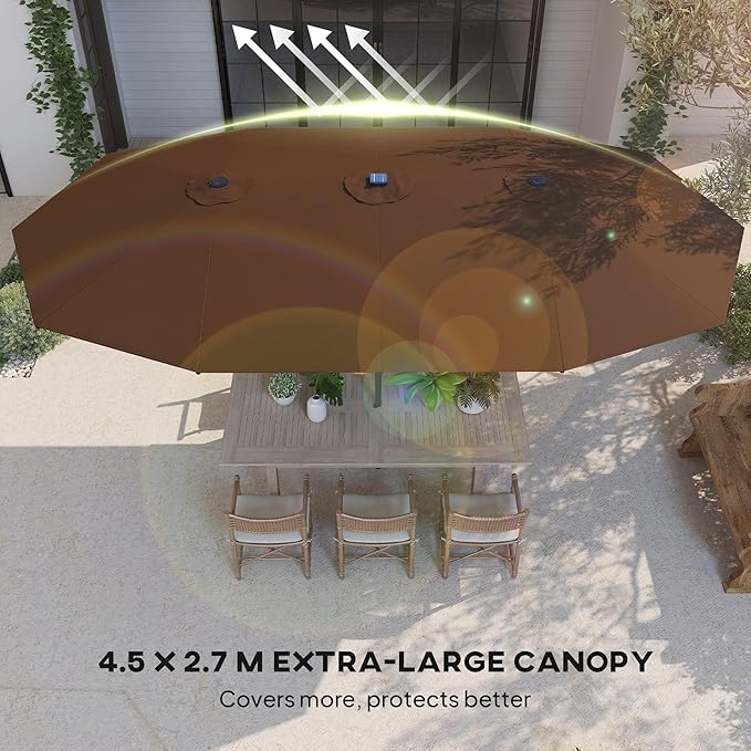 Outsunny 14.8ft Double Umbrella, Large Outdoor Patio Sun Shade with LED Solar Light for Garden