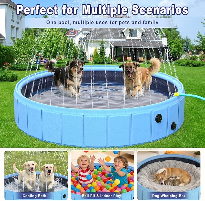 Foldable Dog Pool with Sprinkler, 106" Extra Large Non-Slip Dog Swimming Pool, 2-in-1 Outdoor Backyard Pet Bathing Tub with Drain Plug for Dogs Kids Pets Ducks