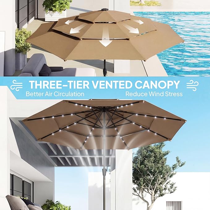 Outsunny 9.7 ft Outdoor Patio Umbrella with 32 Solar LED Lights, 3 Tier Outdoor Table Market Umbrella with Tilt and Crank, 8 Ribs for Garden, Deck, Yard, Poolside