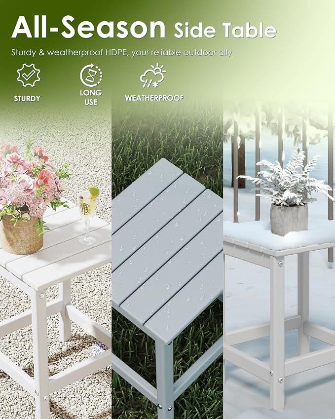GREENVINES Adirondack-Outdoor-Side-Table | Set of 2 | Single-Tier | 14 x 13 Inches | HDPE Plastic | All Weather | White | Outside End Tables | for Patio Porch Backyard Indoor