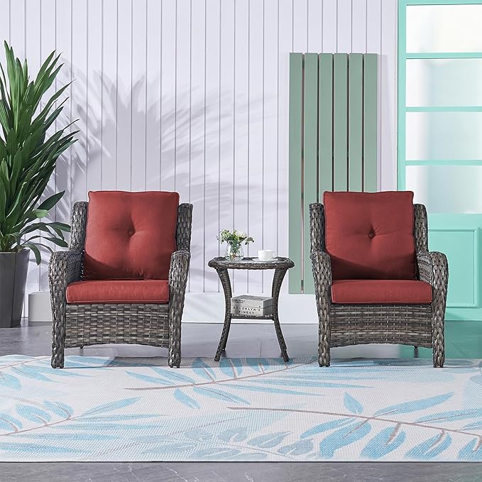 Rilyson Patio Furniture Chairs Outdoor Chair - 2 Piece Wicker Rattan Chairs Set with High Back and Deep Seating for Deck Porch Balcony Backyard Garden(Mixed Grey/Red)