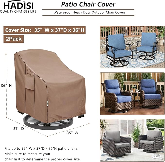 Patio Chair Covers for Outdoor Furniture Waterproof 2 Pack, Heavy Duty Waterproof Outdoor Swivel Chair Cover (35"W x37"D x36"H - Brown)