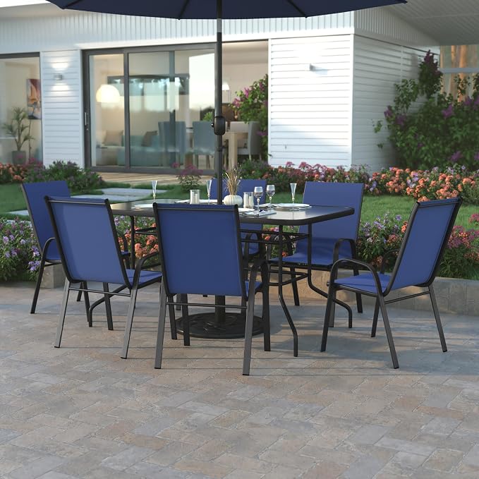 EMMA + OLIVER Seven Piece Indoor/Outdoor Dining Set - Metal Table with Tempered Glass Top - Six Navy Flex Comfort Chairs- Umbrella Hole - All Weather