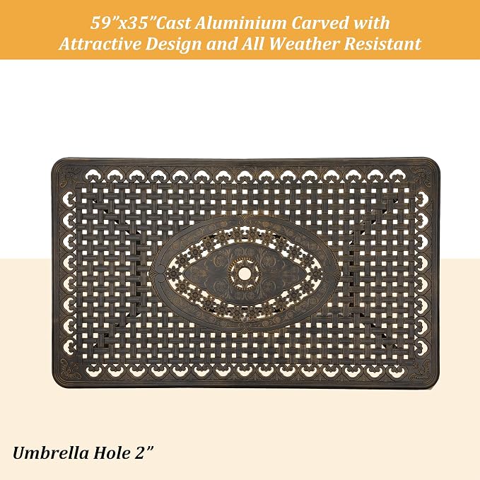 Clihome 59" Outdoor Dining Table 6-Person Cast Aluminum Patio Table with 2" Umbrella Hole Rectangle Patio Dining Table for Yard, Garden, Patio B