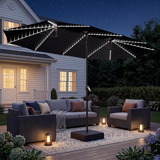 AECOJOY 15ft Patio Umbrella with Solar Lights, Double-Sided Outdoor Market Umbrella with Base Included, Large Pool Umbrella with 156 LED Lights, Crank Lift for Market Deck Backyard, Black(1.9" Pole)