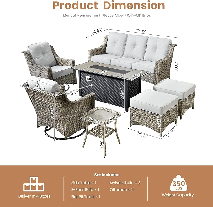 HOOOWOOO Patio Furniture Set,7 Pieces Wicker Outdoor Furniture,High Back Conversation Set with All Weather Resistant Fire Pit Table Couch Swivel Chairs Ottomans,Light Gray