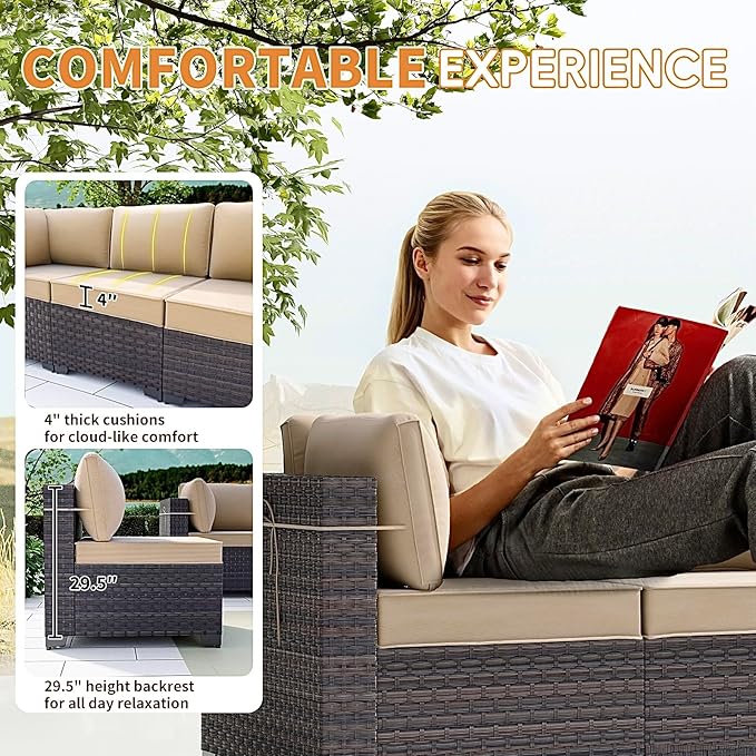Gotland 11 Pieces Patio Furniture Set with Fire Pit Table Swivel Chairs, PE Rattan Outdoor Furniture with 29.5'' High Backrest 4’’ Thick Cushions, Outdoor Sectional for Porch, Deck, Garden, Khaki
