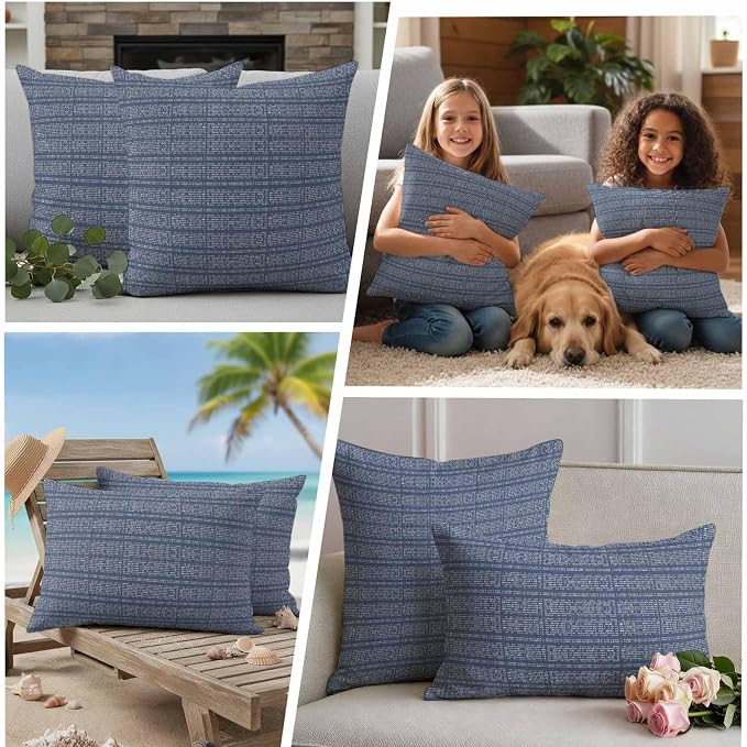 Outdoor Waterproof Throw Pillow Covers Set of 2 Stripes Grain Pillowcases 20x20 Inches Navy Blue Solid Color Decorative Pillows Cushion Case Patio Pillows for Couch Bed Chair Garden
