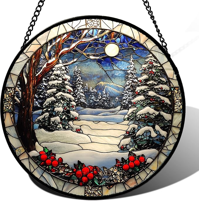 DASTOLL Stained Glass Window Hanging Christmas Tree Winter Snow Night Scenery Large 14.9" - Suncatcher Door Garden Kitchen Sun Catcher Home Decor Birthday for Mom Men Woman Friend