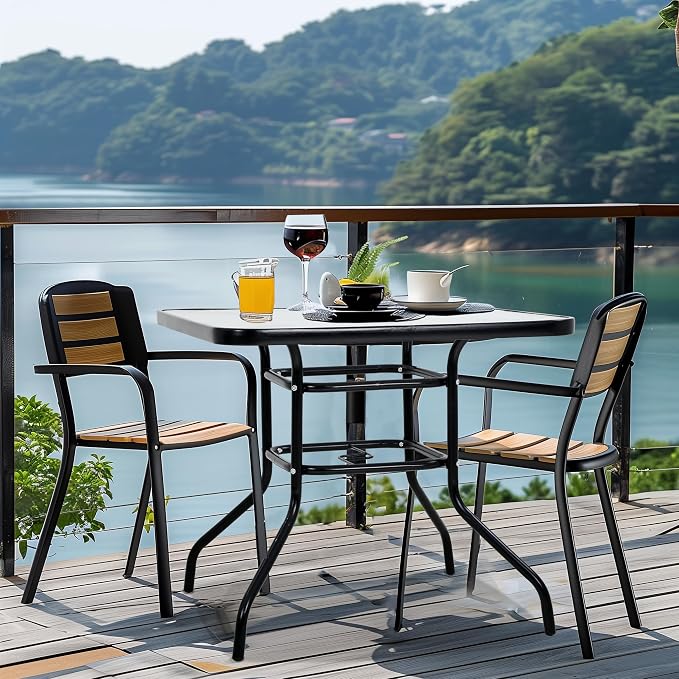 Premium Square Patio Table with 2 In Umbrella Hole,32 In Tempered Glass Top,Outdoor Coffee Table for Patio,Balcony, Backyard,Poolside,and Sunroom - Small Patio Table with Umbrella Hole (Square)