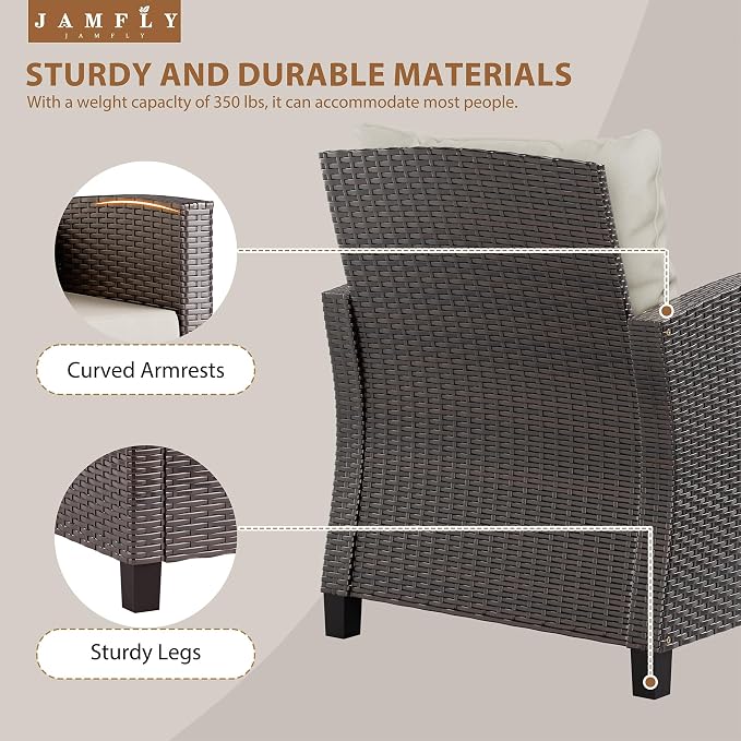 JAMFLY 3 Piece Wicker Patio Furniture Set - Outdoor Rattan Conversation Set with Soft Cushions & Glass Coffee Table for Balcony, Porch, Small Backyard - All Weather Beige Bistro Set, Beige