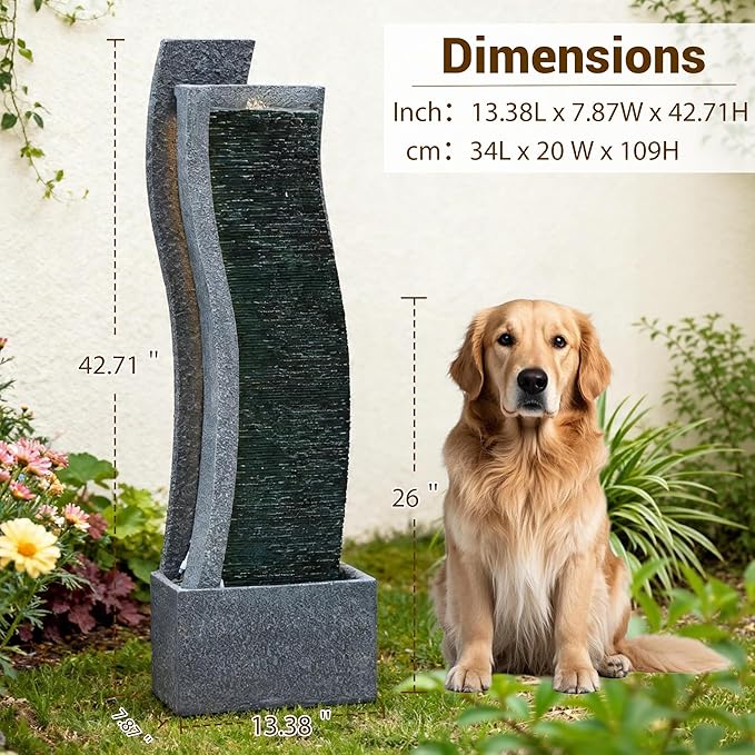Sunlinua 43H Modern Outdoor Water Fountain with LED Light Garden Cascading Curved Waterfall Feature for Indoor or Outdoor Relaxing Garden Patio Backyard Deck Porch or Home Décor