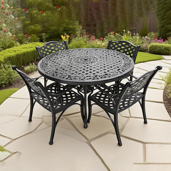5 Pieces Cast Aluminium Patio Dining Set for 4-6 Person,Round 48" Patio Table and Chairs Set of 4 with 2.3" Umbrella Hole,Outdoor Patio Furniture Dining Set for Porch Backyard Deck, Black