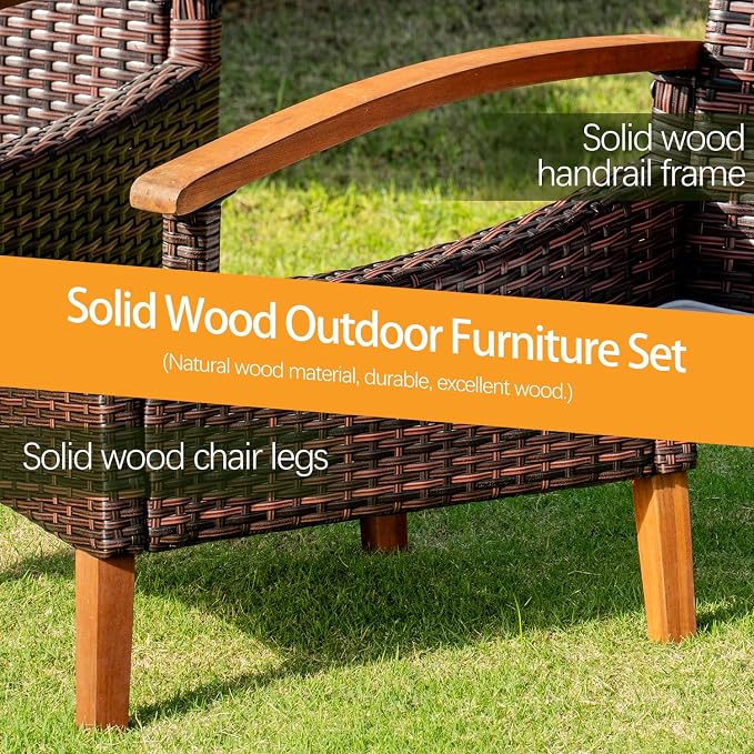 3 Pcs Outdoor Patio Furniture Sets, Outdoor Patio Rattan Chair with Side Coffee Table, Conversation Set Outdoor for Yard Garden Backyard Lawn (Brown)