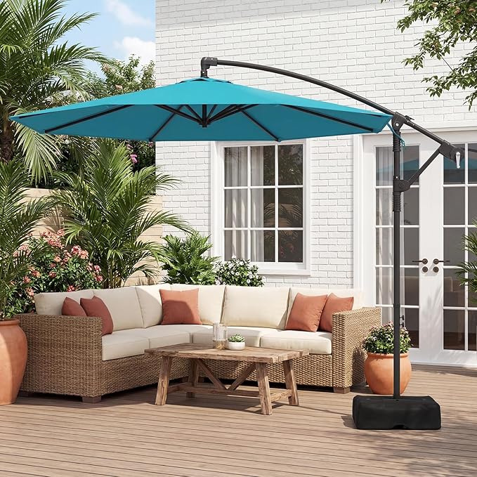 Tangkula 10ft Patio Umbrella with Base Included, Offset Cantilever Outdoor Umbrella with 360 Degree Rotation, 2 Sandbags, Crank Handle for Pool Deck Garden Backyard