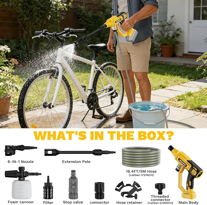 Cordless Portable Washer Compatible with Dewalt 20V Battery, 700 PSI Portable Handheld Cleaning Tool with Brushless Motor, 6-in-1 Nozzle, 4 Level Adjustable for Car Floor Fence Wall (Tool only)