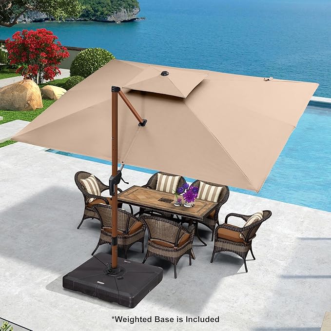 PURPLE LEAF 9' X 12' Double Top Deluxe Wood Pattern Rectangle Patio Umbrella with Base Offset Hanging Umbrella Outdoor Market Umbrella Garden Umbrella, Beige