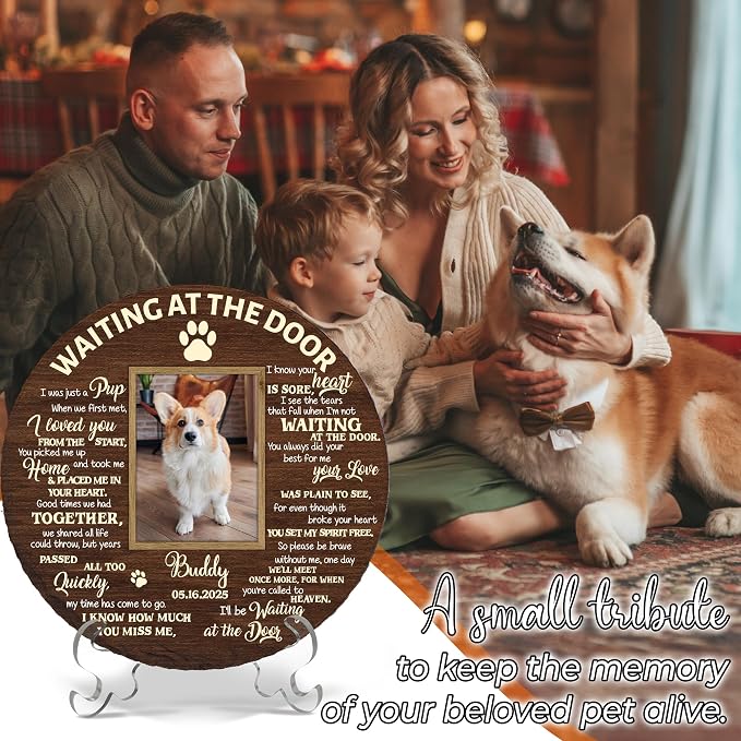 Personalized Pet Memorial Garden Stone for Dogs - Waiting at The Door Dog Memorial Natural Stone with Photo, Condolences Sympathy Gift for Dog Lovers, Pet Loss Gifts, Waterproof for Indoor & Outdoor