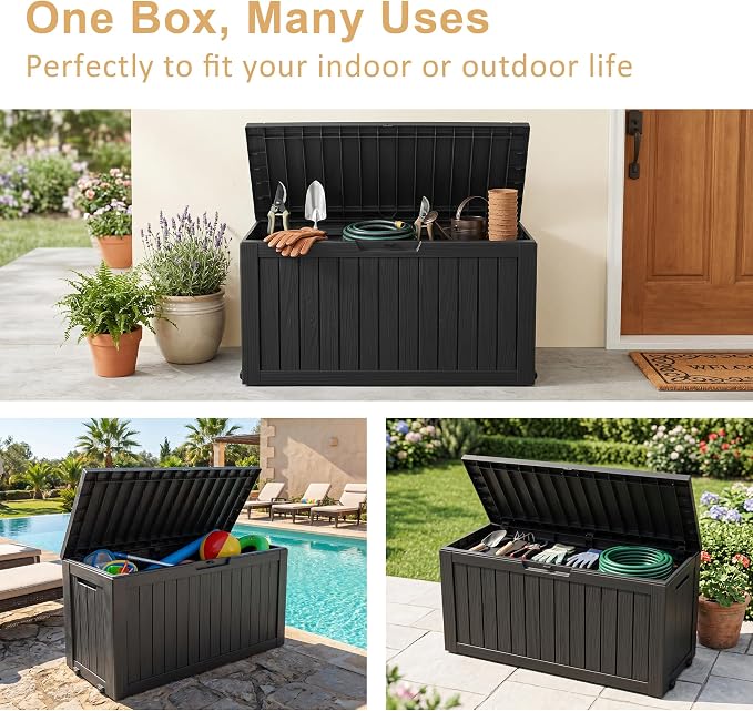 Outdoor Storage Box, 90 Gallon Resin Deck Box, Indoor Outdoor Waterproof Storage Bins With Wheels for Patio Cushions, Gardening Tools, Lockable, Black