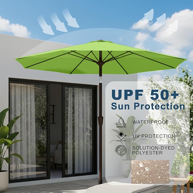 9ft Patio Umbrella with Push Button Tilt and Crank,Outdoor Market Table Umbrella UV Protection 8 Sturdy Ribs for Backyard,Garden,Pool,Deck(Apple Green)