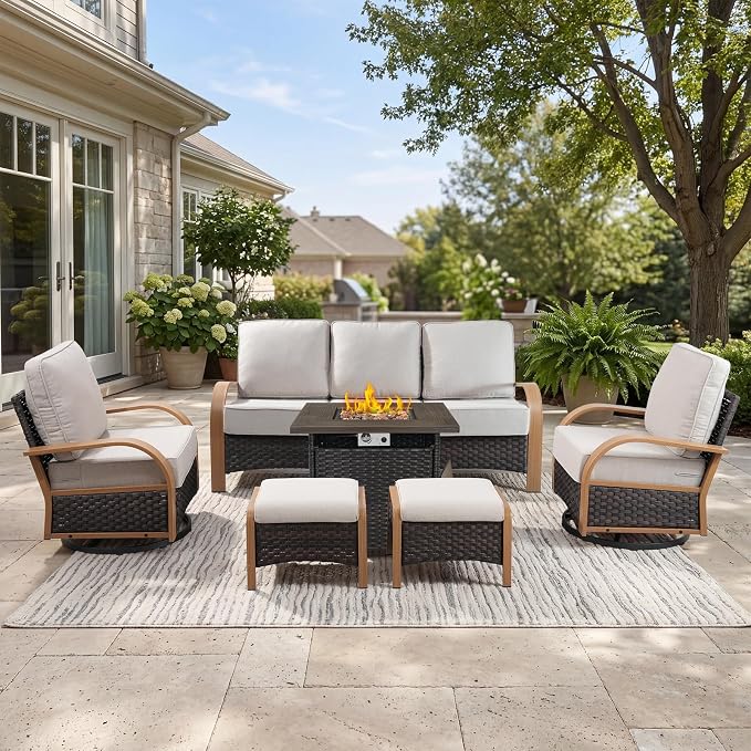 Belord 6 Piece Patio Furniture Set with Fire Pit Table,All Weather Conversation Set with 6-Inch Thick Cushions,Wicker Swivel Rocker Chairs and 3 Seater Wicker Sofa for Deck Proch Pool Garden Backyard