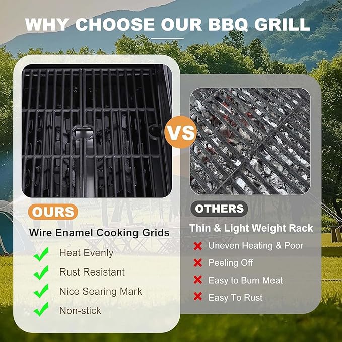 2-Burner Propane Gas BBQ Grill with Wire Enamel Cooking Grids & SS Plancha, 24,600 BTU Output Stainless Steel Grill with Foldable Side Table and Hanging Basket for Outdoor Backyard Barbecue