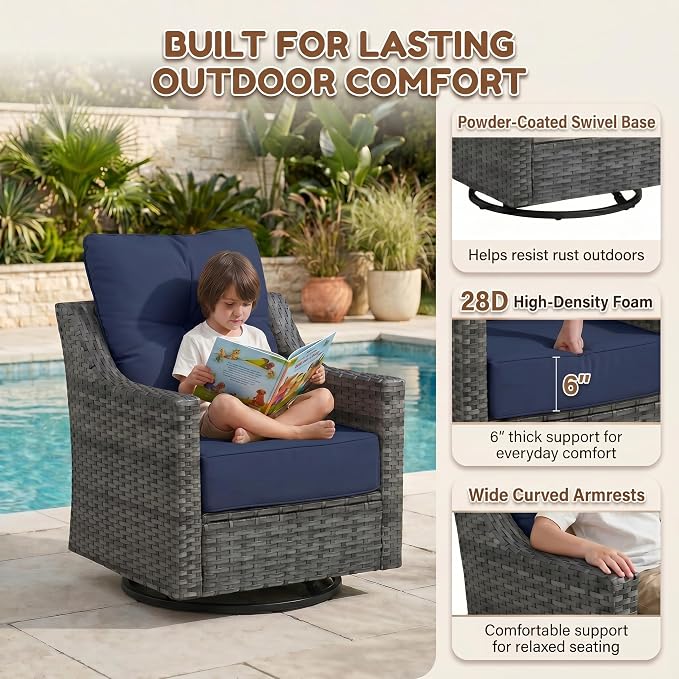 6-Piece Outdoor Patio Furniture Set, Grey Wicker Conversation Set with 4 Swivel Chairs and 2 Side Tables, 6-Inch Blue Cushions for Porch, Deck, Backyard