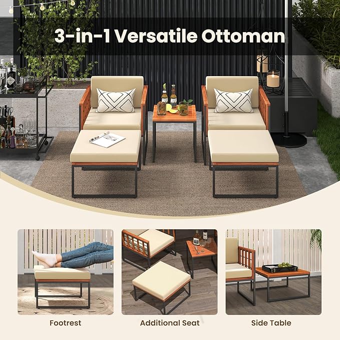 HAPPYGRILL 5 Pieces Patio Conversation Set Acacia Wood Outdoor Furniture Set with Chairs, Ottomans & Coffee Table, Soft Seat & Back Cushions, Patio Wood Chair Set for Backyard Poolside Garden