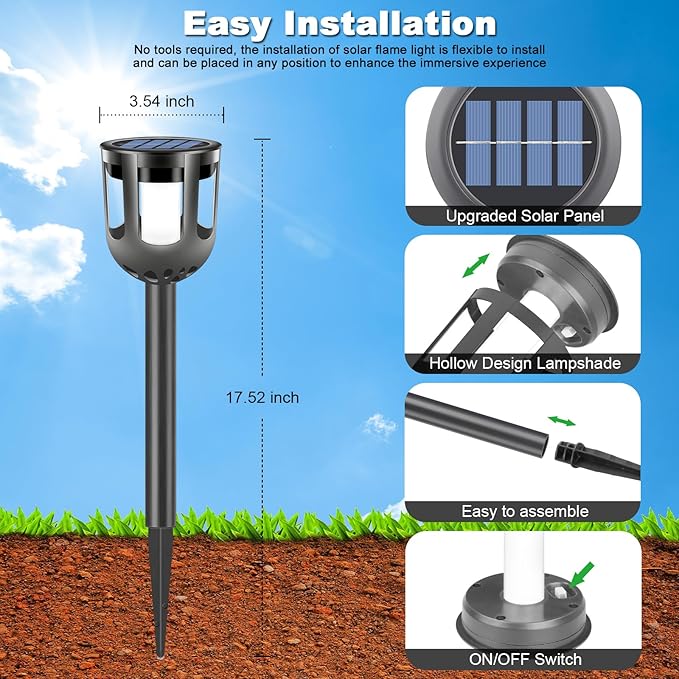 Solar Tiki Torches with Flickering Flame - Solar Lights Outdoor Waterproof, Auto On/Off, Solar-Powered Decorative Lighting for Garden, Yard, Landscape, Patio, Driveway, Walkway, Pathway (12)