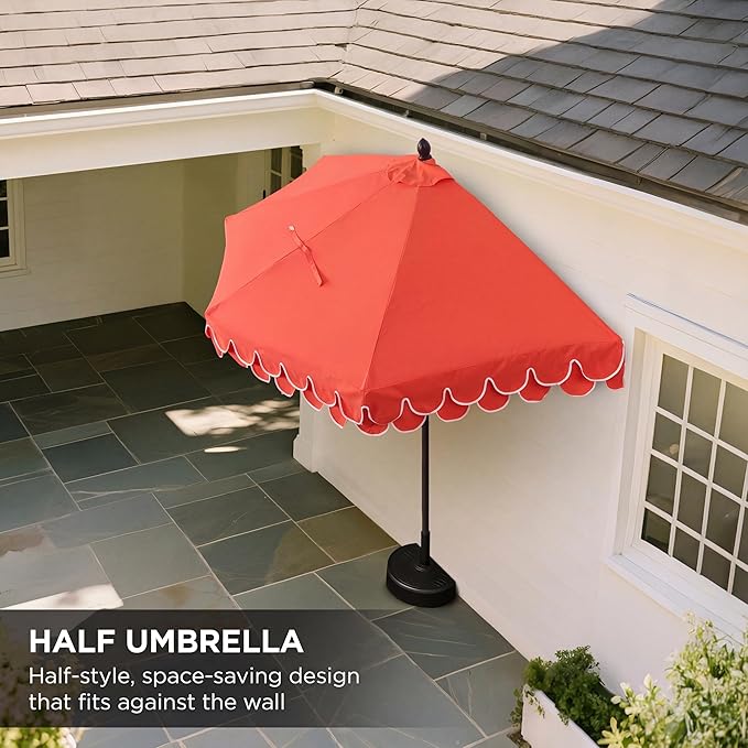 JONATHAN Y Terrace Scalloped 9 ft. Half Round Patio Umbrella with Crank Lift and Tilt, Coastal Semicircle Market Wall Umbrella for Balcony, Coral Red/White, Dark Brown Pole UMB1202A