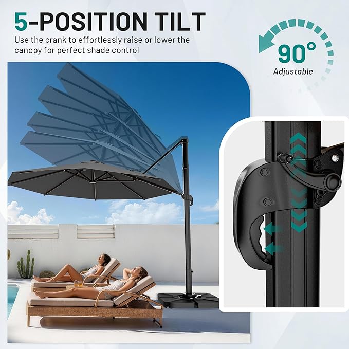 AreShark 10FT Round Cantilever Patio Umbrella with Base Included, 360° Rotation Offset Outdoor Umbrella, 5 Tilt Settings Heavy Duty Hanging Parasol for Deck Garden Pool, Grey
